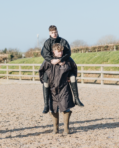 EQUIDRY men's mesh lining long waterproof horse riding coat in rich brown/cream