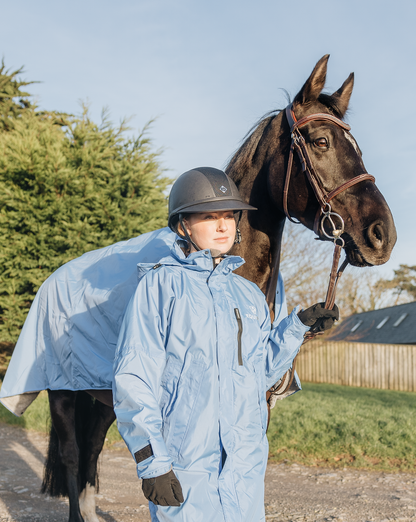 EQUIDRY Women's Waterproof Horse Riding Coat: Sky Blue Fleece Lined Jacket. Horse & Rider Ready!