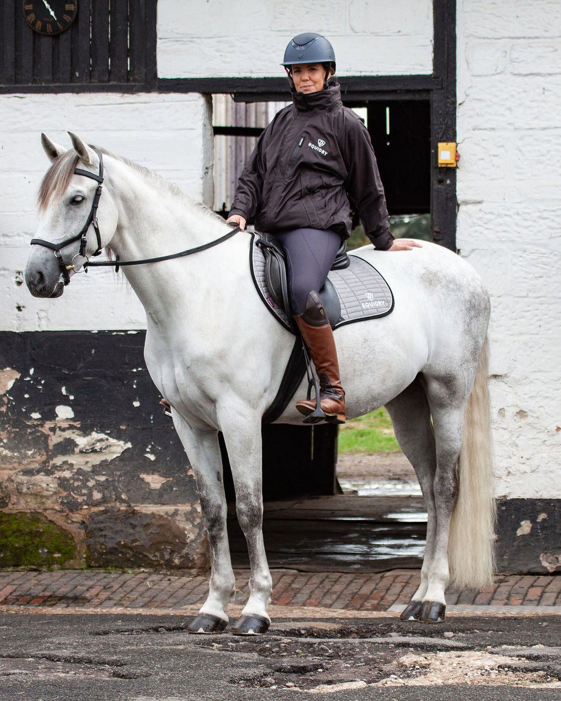 EQUIDRY women's waterproof short blouson style horse riding jacket in rich brown on horse