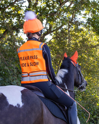 Rider on Horseback Wearing Hi-Vis Vest, Orange Riding Safety Vest, Horse Riding