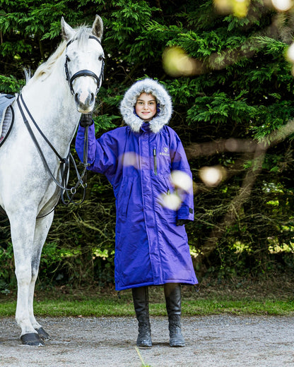 EQUIDRY Evolution Children's Purple/Lilac Waterproof Coat with fur hood and Horse by Equiflair.