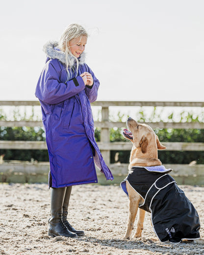 EQUIDRY Children's Purple Coat & Dog Coat: Girl in Equestrian Gear with Labrador Friend