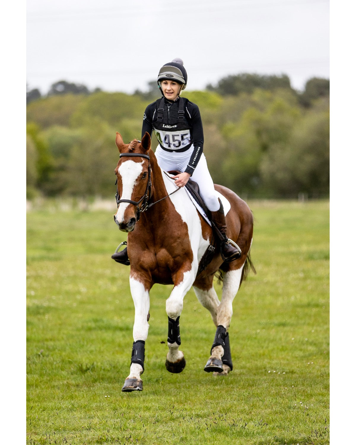 Equestrian Eventing: Rider on Horseback with LeMieux Eventing Bib #455, competing outdoors in black and white. 