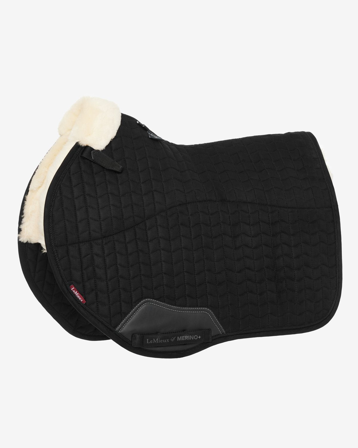 LeMieux Merino+ Eurojump Saddle Pad - Black Suede & Natural Wool Half Lined - Horse Riding Equipment