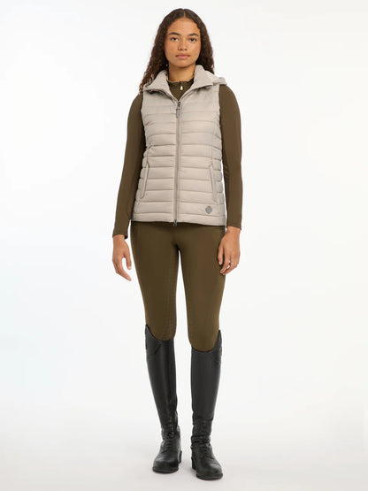 LeMieux Tilly Hooded Puffer Gilet Ash: Lightweight, water-resistant vest from Equiflair. Equestrian outerwear.