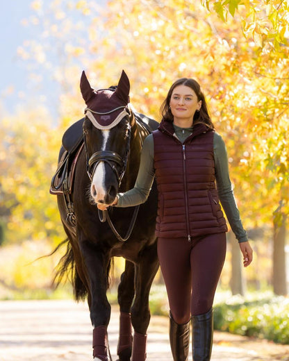 LeMieux Loire Fly Hood Damson: Woman with Horse in Matching Equestrian Outfit by Equiflair