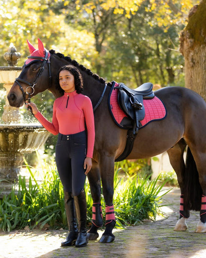 Equestrian Style: Woman and Horse in Lemieux Cranberry Saddle Pad & Gear from Equiflair - Matching Horse Riding Outfit