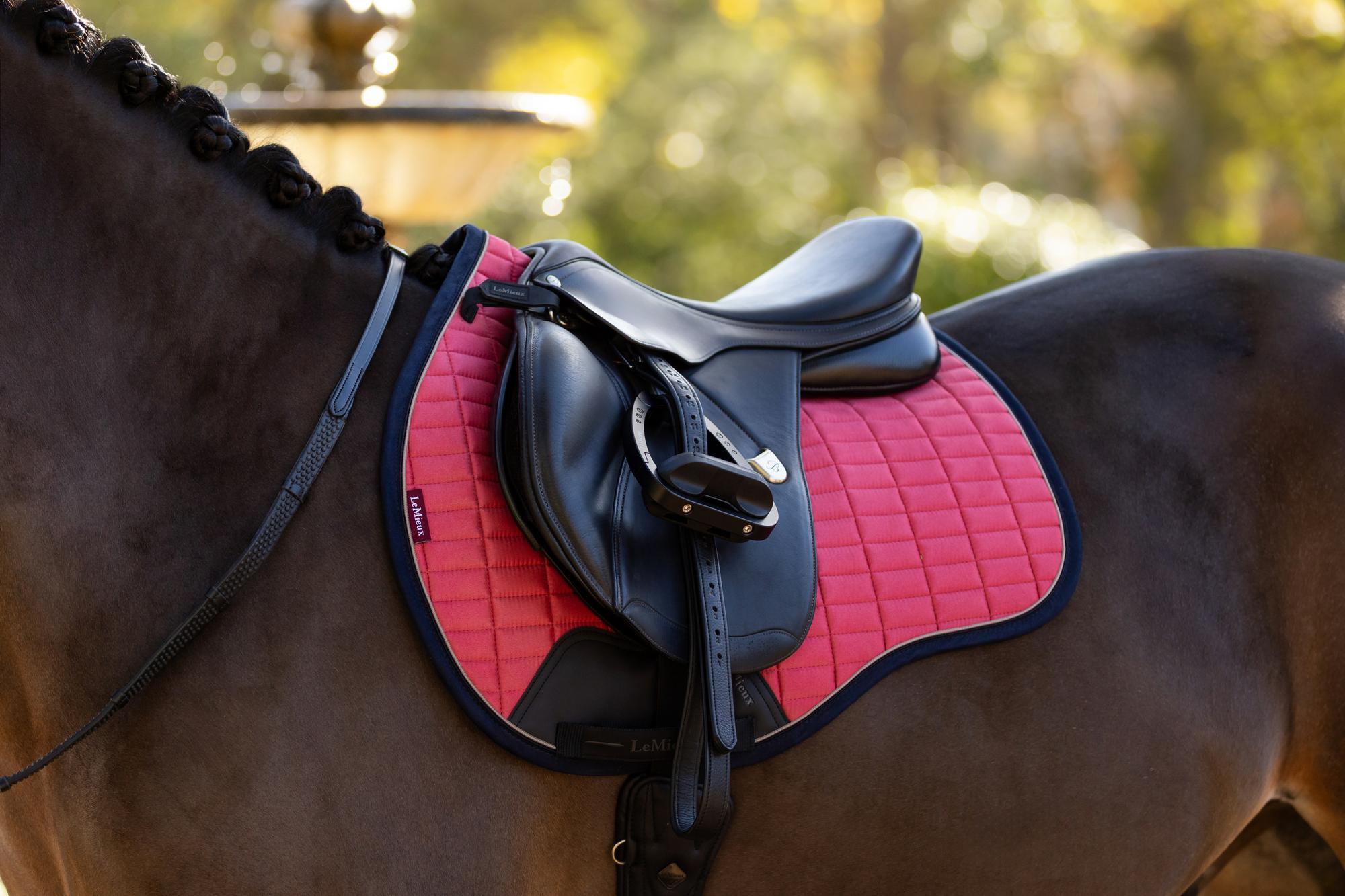 LEMIEUX Suede GP Square Cranberry Saddle Pad on Horse | Red Quilted English Saddle Pad for Equestrian | Equiflair