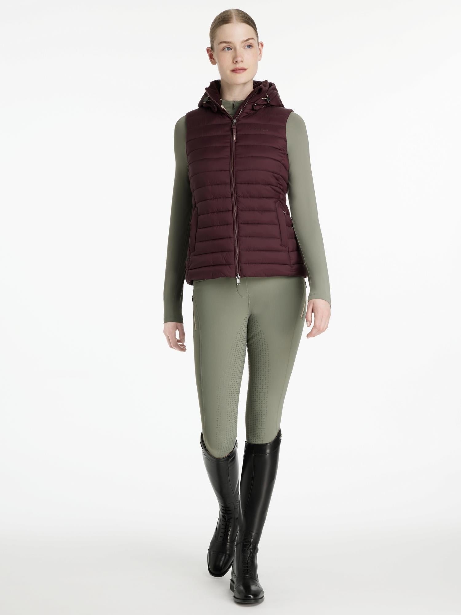 LeMieux Rose Hooded Puffer Gilet Damson: Lightweight, water-resistant, and sustainable riding vest. Shop now at Equiflair!
