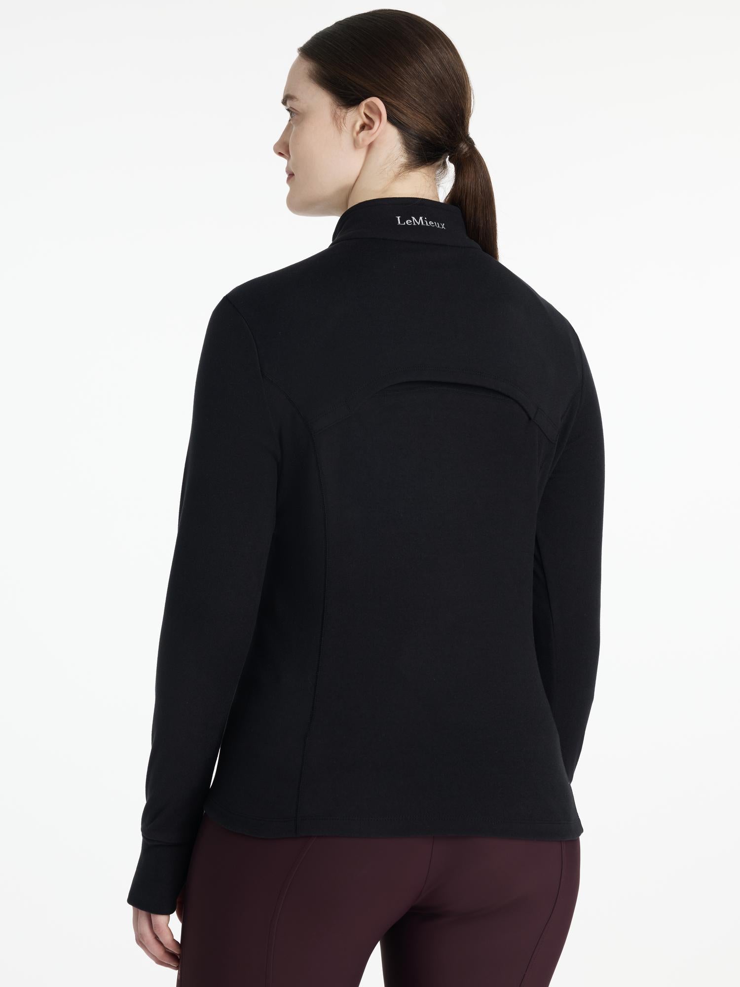 LEMIEUX Frances Quarter Zip Fleece - Black Women's Equestrian Top. Breathable athletic wear with thumbholes & signature branding.