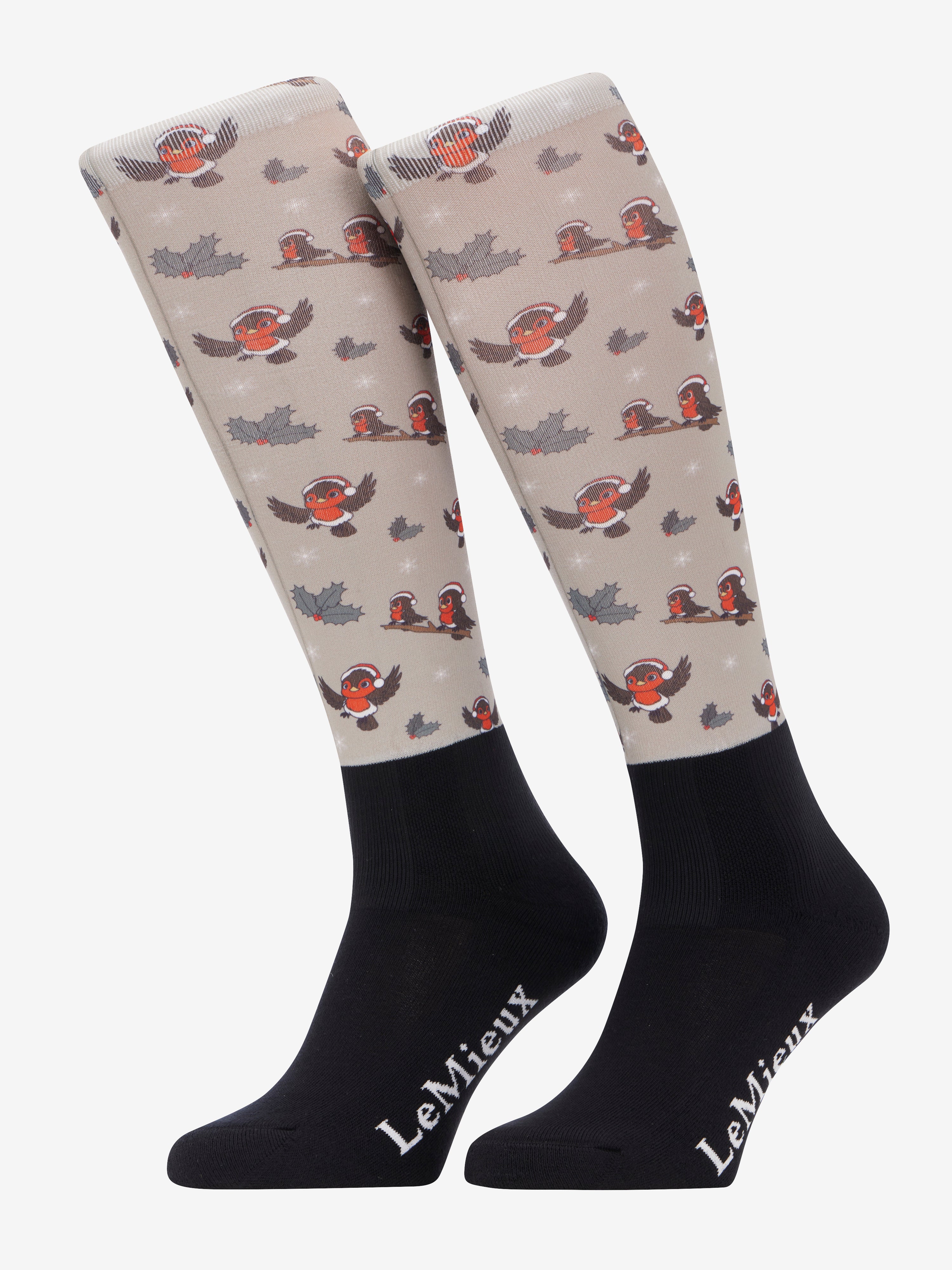 LEMIEUX Footsie Socks Xmas Robins Almond: Comfortable Equestrian Socks with Padded Sole & Moisture-Wicking for Riding Boots