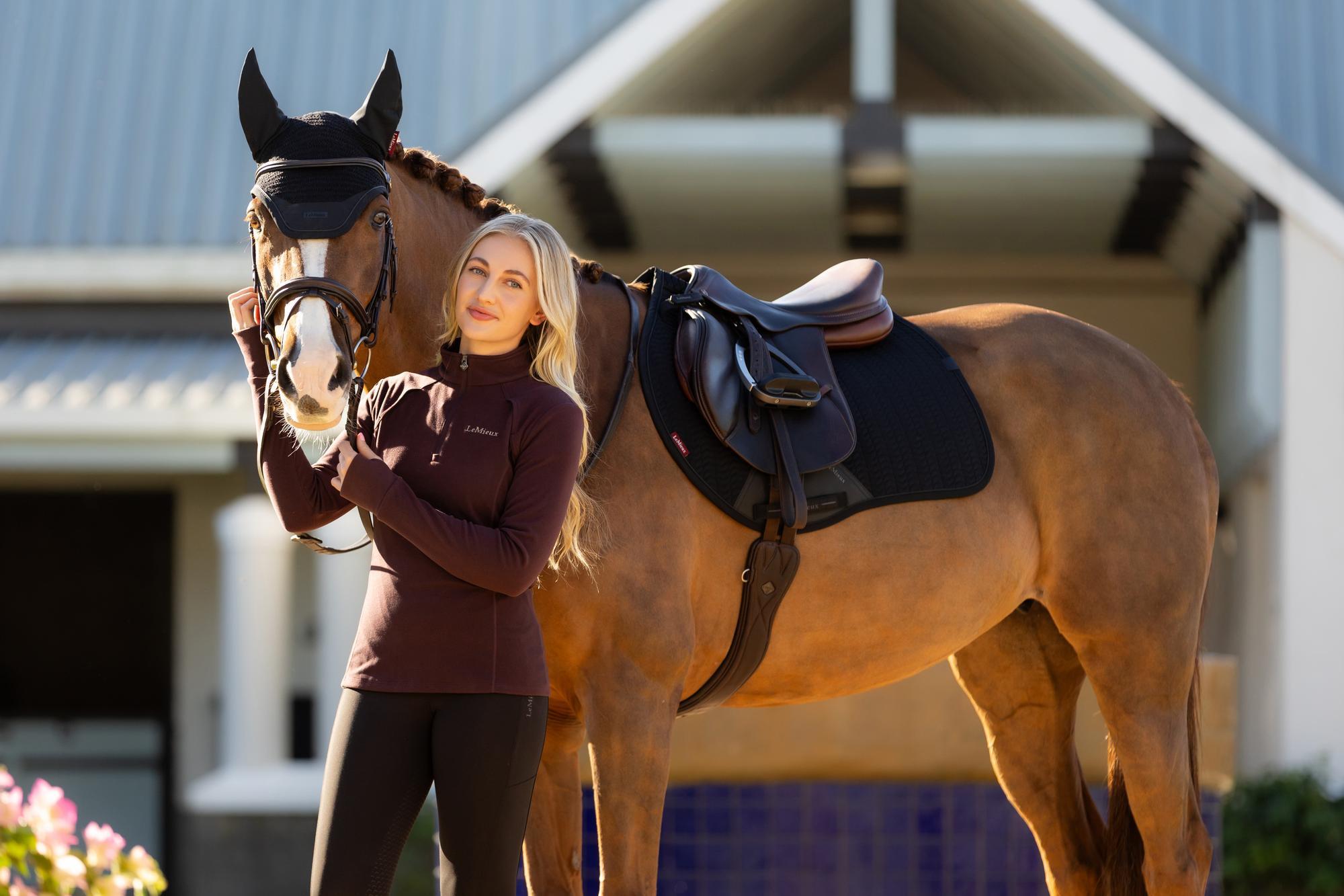 LEMIEUX FRANCES QUARTER ZIP FLEECE DAMSON: Equestrian woman with horse. Shop riding top at Equiflair. #equestrianfashion #horse