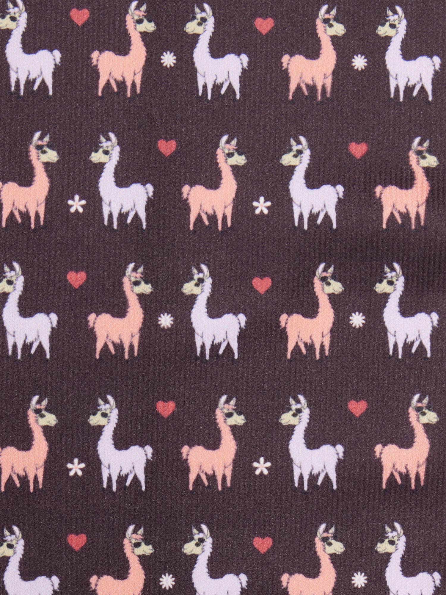 Llama Socks Pattern: Cute Brown Socks with White & Pink Llamas, Hearts, & Snowflakes. Fun Equestrian Footwear!