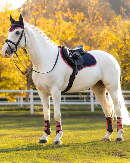 White horse wearing LEMIEUX navy and cranberry suede saddle pad & matching horse riding accessories.