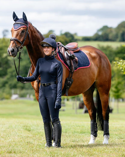 Equestrian Style: Woman and Horse with LeMieux Navy/Cranberry Saddle Pad & Riding Apparel. #horse #equestrian #LeMieux