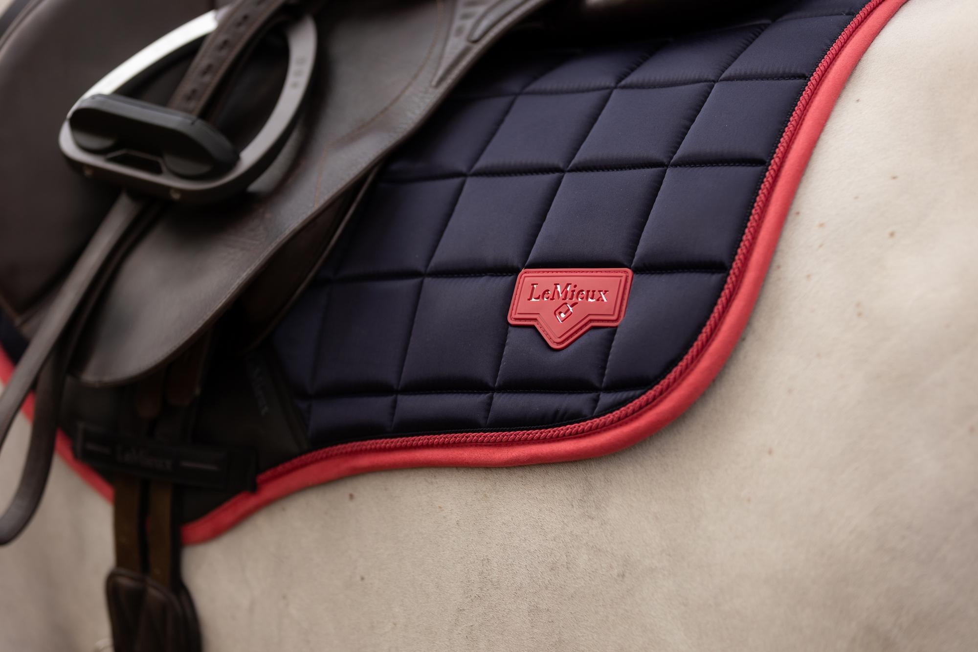 LeMieux Loire Classic Close Contact Saddle Pad - Navy with Cranberry Trim. Premium Equestrian Saddle Pad.