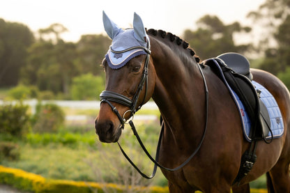 Lemieux Loire Fly Hood Powder Blue - Equestrian Horse Tack from Equiflair: Stylish fly protection with signature satin finish.