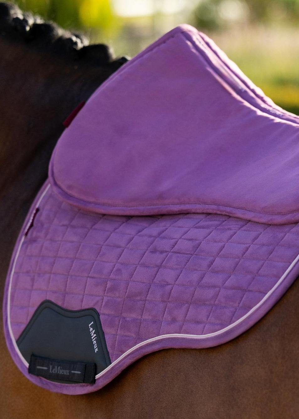 LeMieux Suede Half Pad in Mallow purple, luxurious quilted equestrian saddle pad with suede finish.