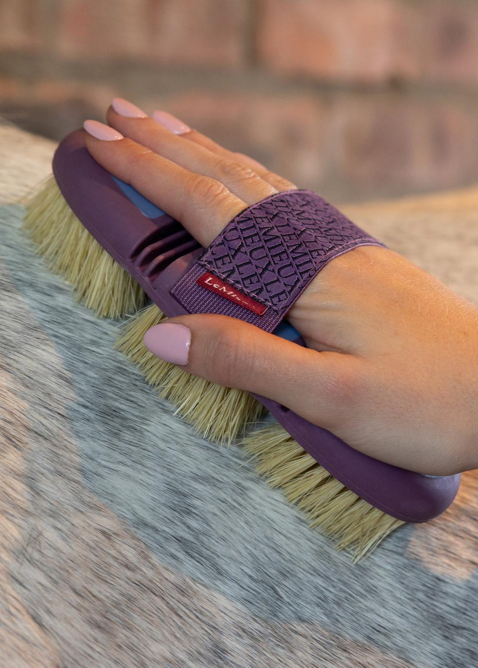 Powder blue LeMieux scrubbing brush with firm bristles for horse care