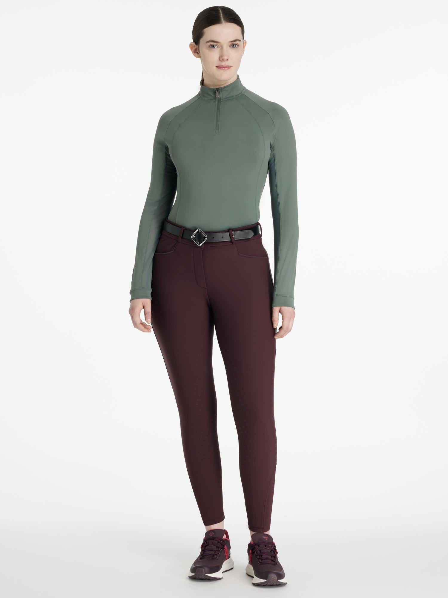 LEMIEUX ISABELLE Knee Grip Breeches Damson: Equestrian Riding Pants Outfit with Top and Shoes