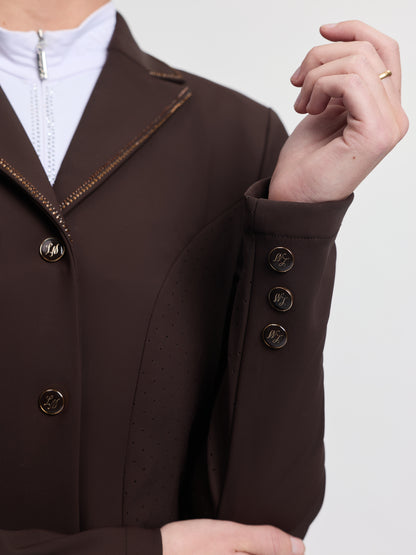 LeMieux Brilliance Diana Ladies Show Jacket Espresso with rhinestone trim and LM monogram buttons.