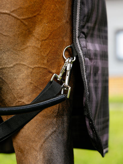 Close-up of horse wearing LEMIEUX ARIKA Heritage Check waterproof turnout rug by Equiflair