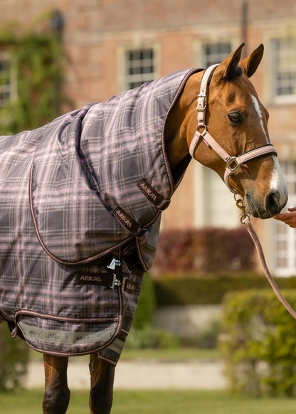 Brown horse wearing LeMieux Arika heritage check turnout rug. Equestrian comfort and protection.
