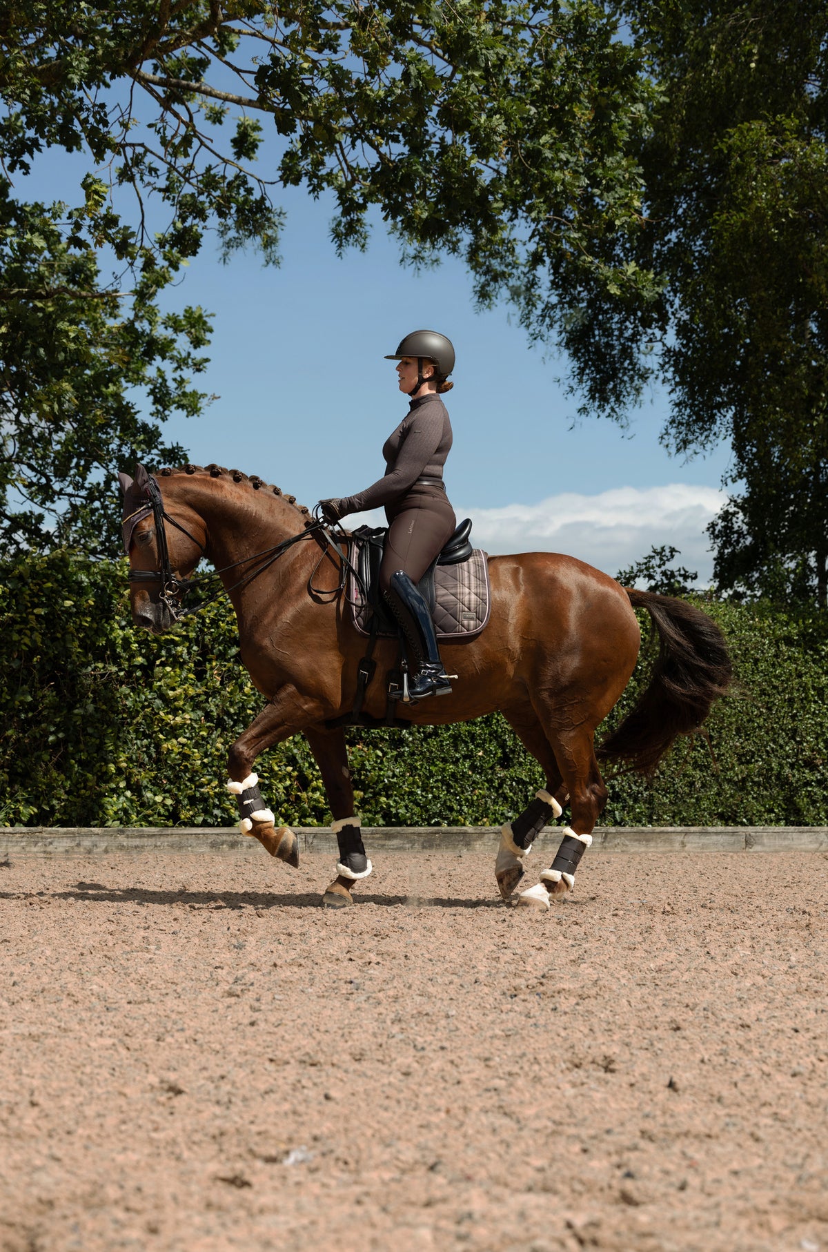 Equestrian dressage rider on brown horse with LeMieux Heritage Check Dressage Square Cocoa saddle pad
