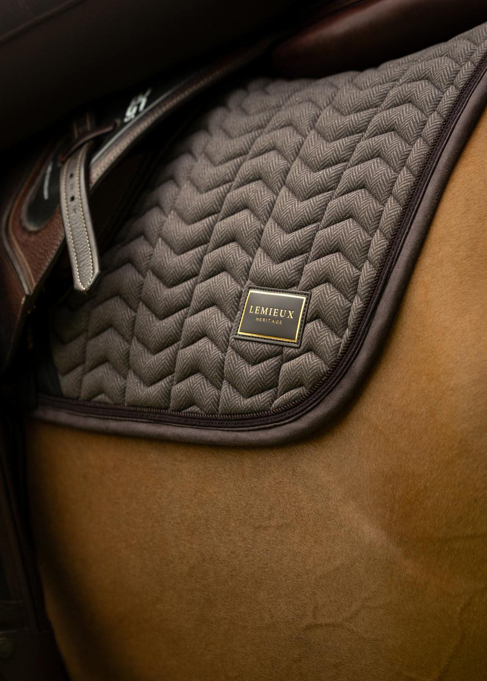 Brown LeMieux Heritage Herringbone Jump Square saddle pad on a horse, close-up of equestrian tack.