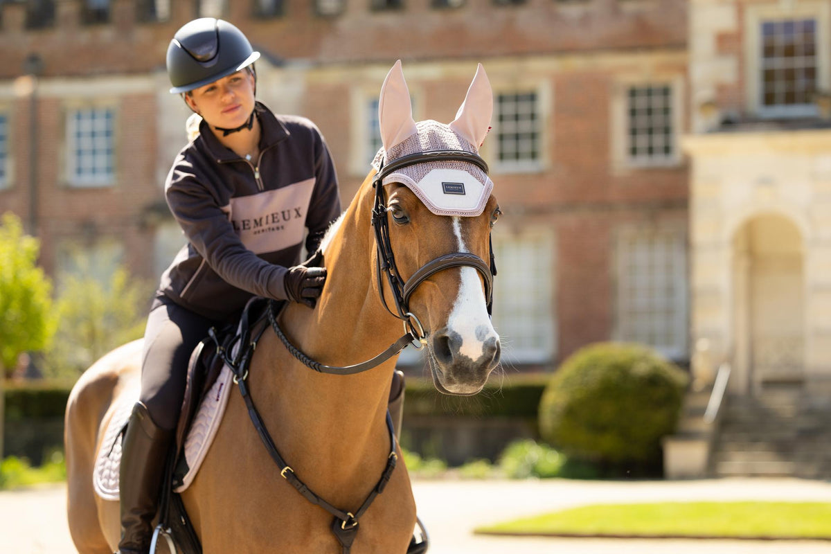 LeMieux Heritage Fly Hood Wild Rose on chestnut horse with rider in equestrian gear