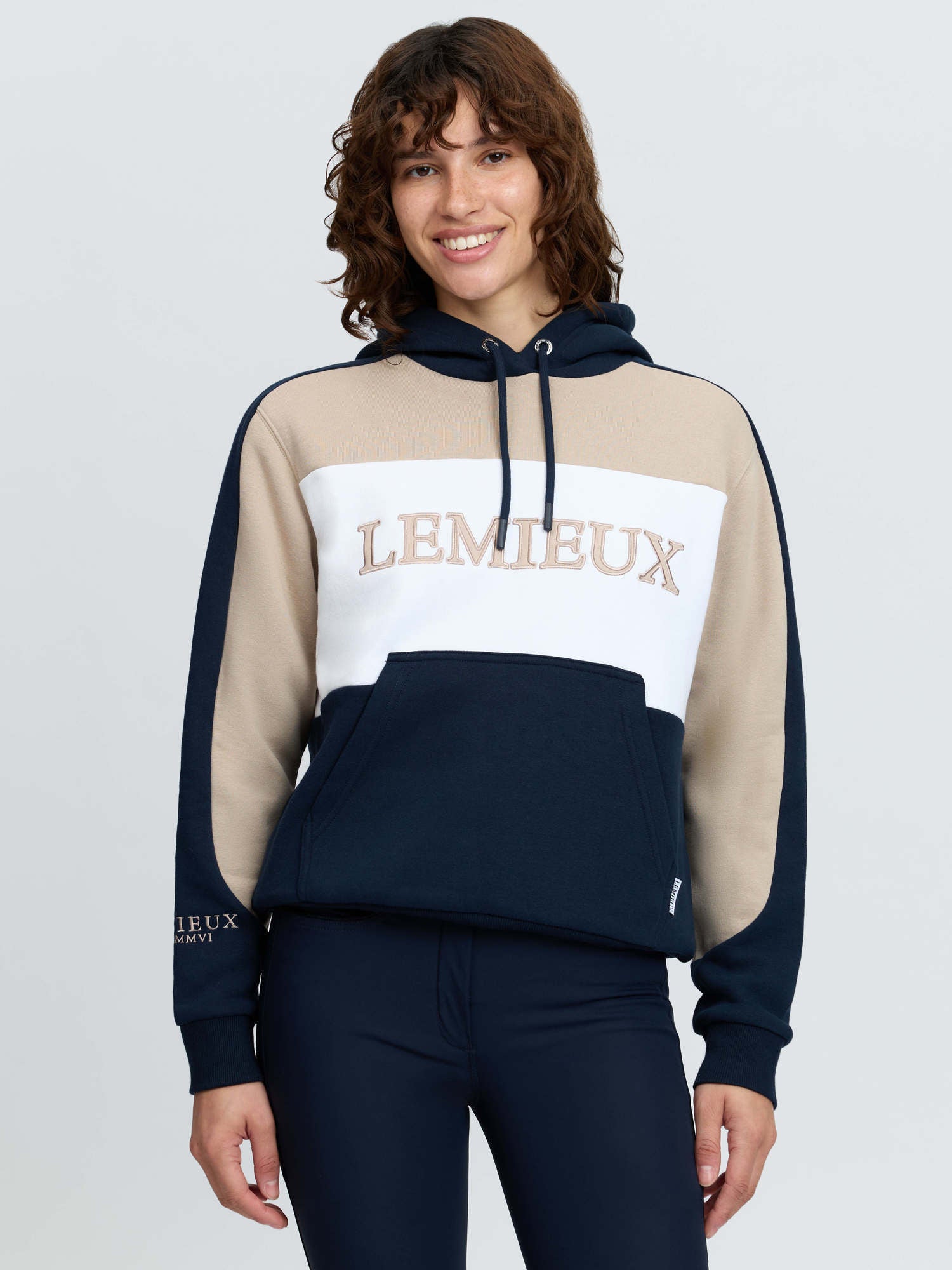LeMieux women's navy color block hoodie with embroidered branding and kangaroo pocket