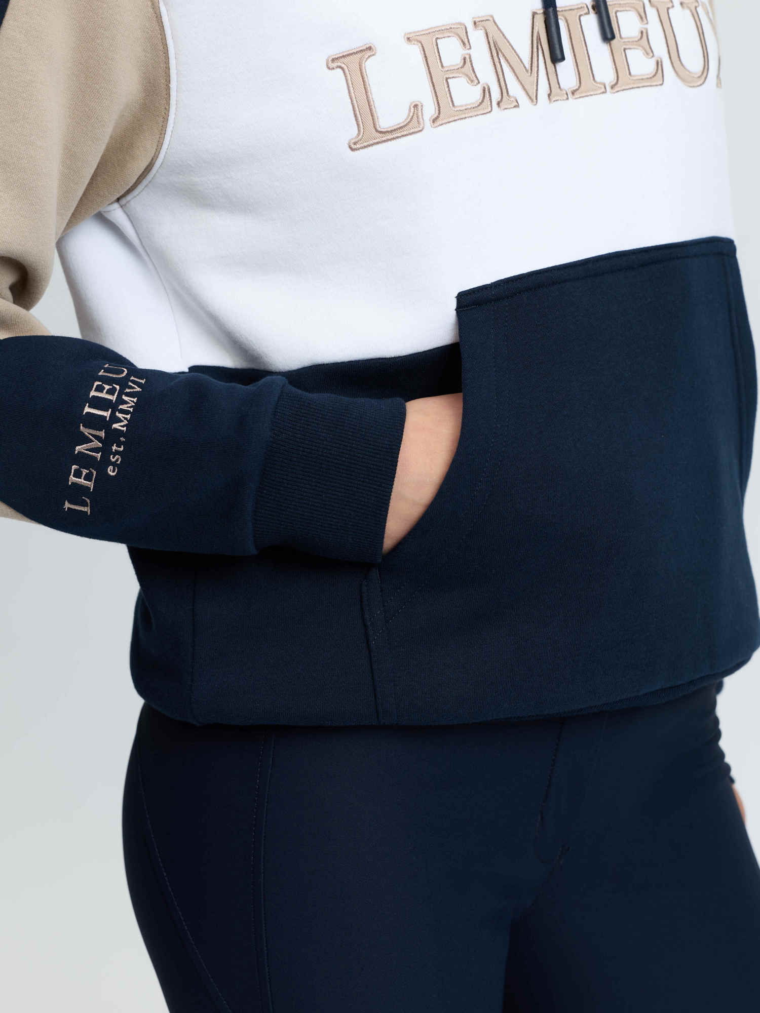 LeMieux Kadie Colour Block Hoodie Navy - Women's, Embroidered Logo, Kangaroo Pocket