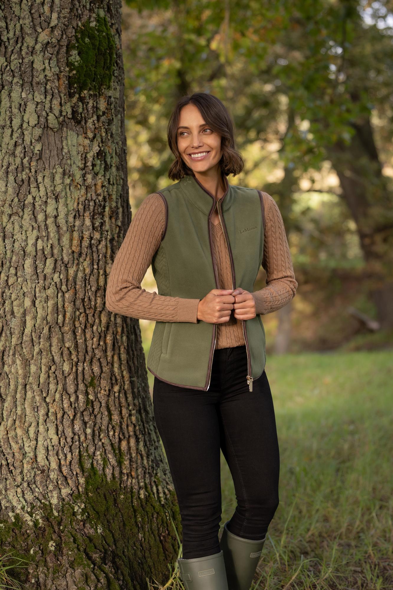 LeMieux Frankie Fleece Gilet Willow Green: Women's country style riding vest.