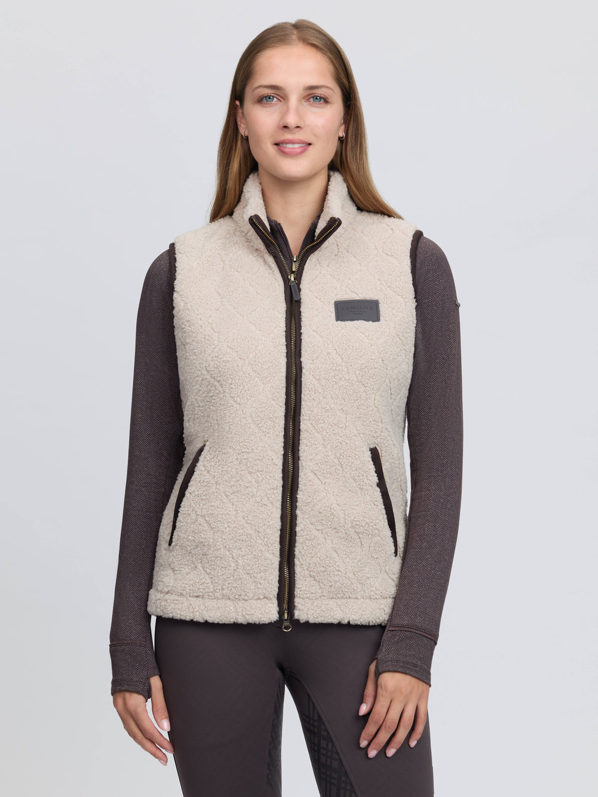 LeMieux Heritage Borg Gilet in stone color - women's equestrian fleece vest with zip.