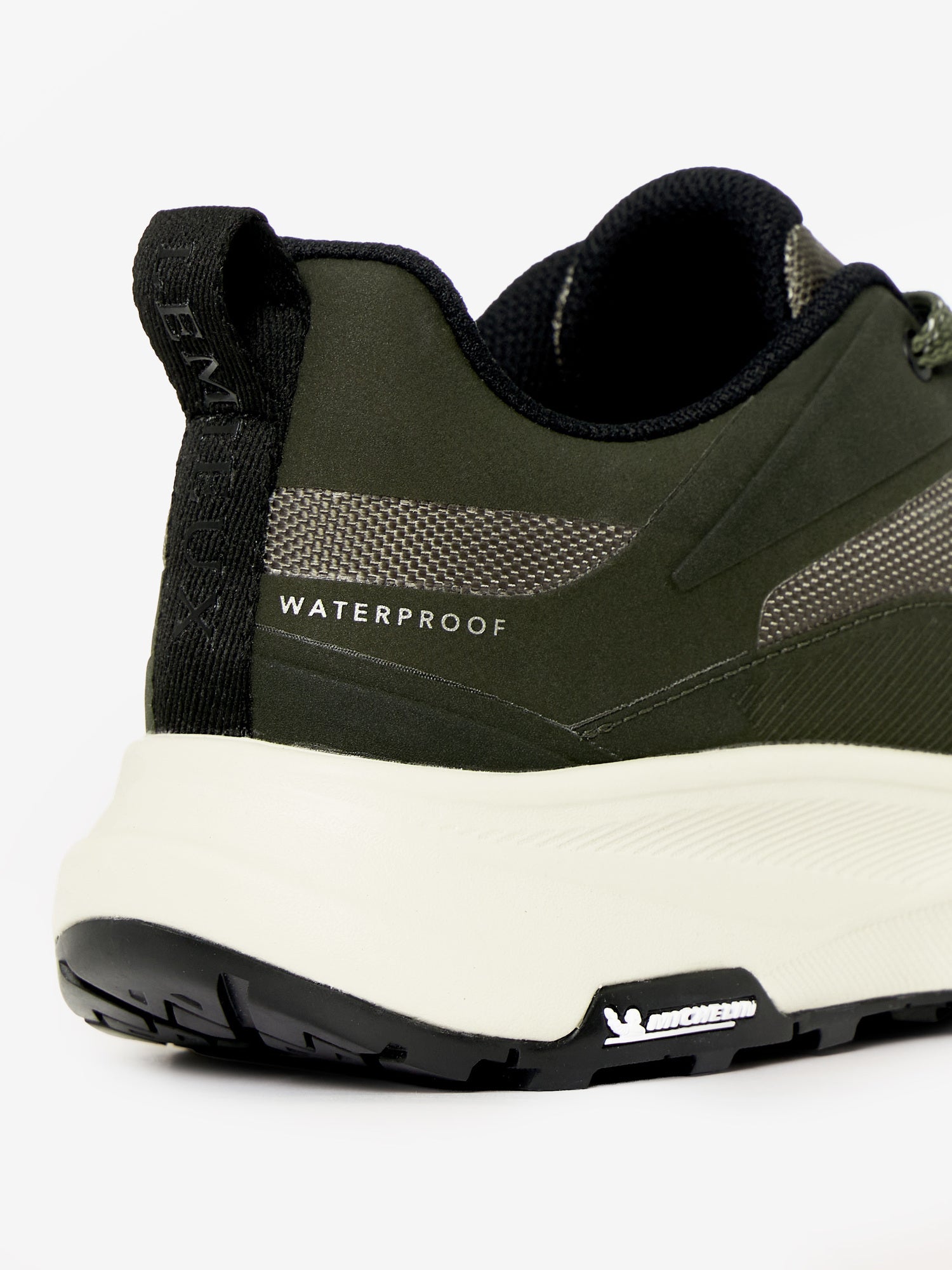 Lemieux Kanta waterproof olive green trainer with Michelin sole close-up.