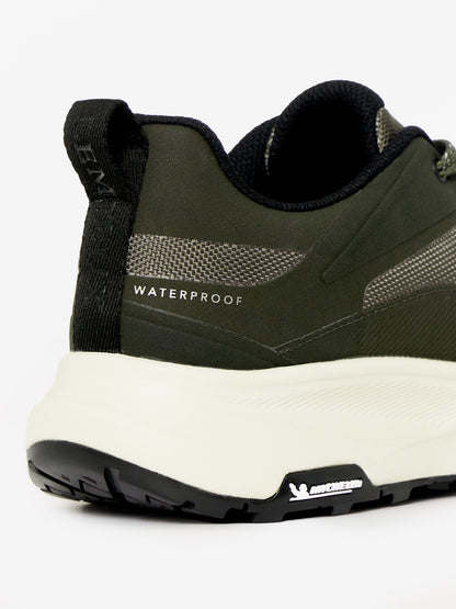 Lemieux Kanta waterproof olive green trainer with Michelin sole close-up.