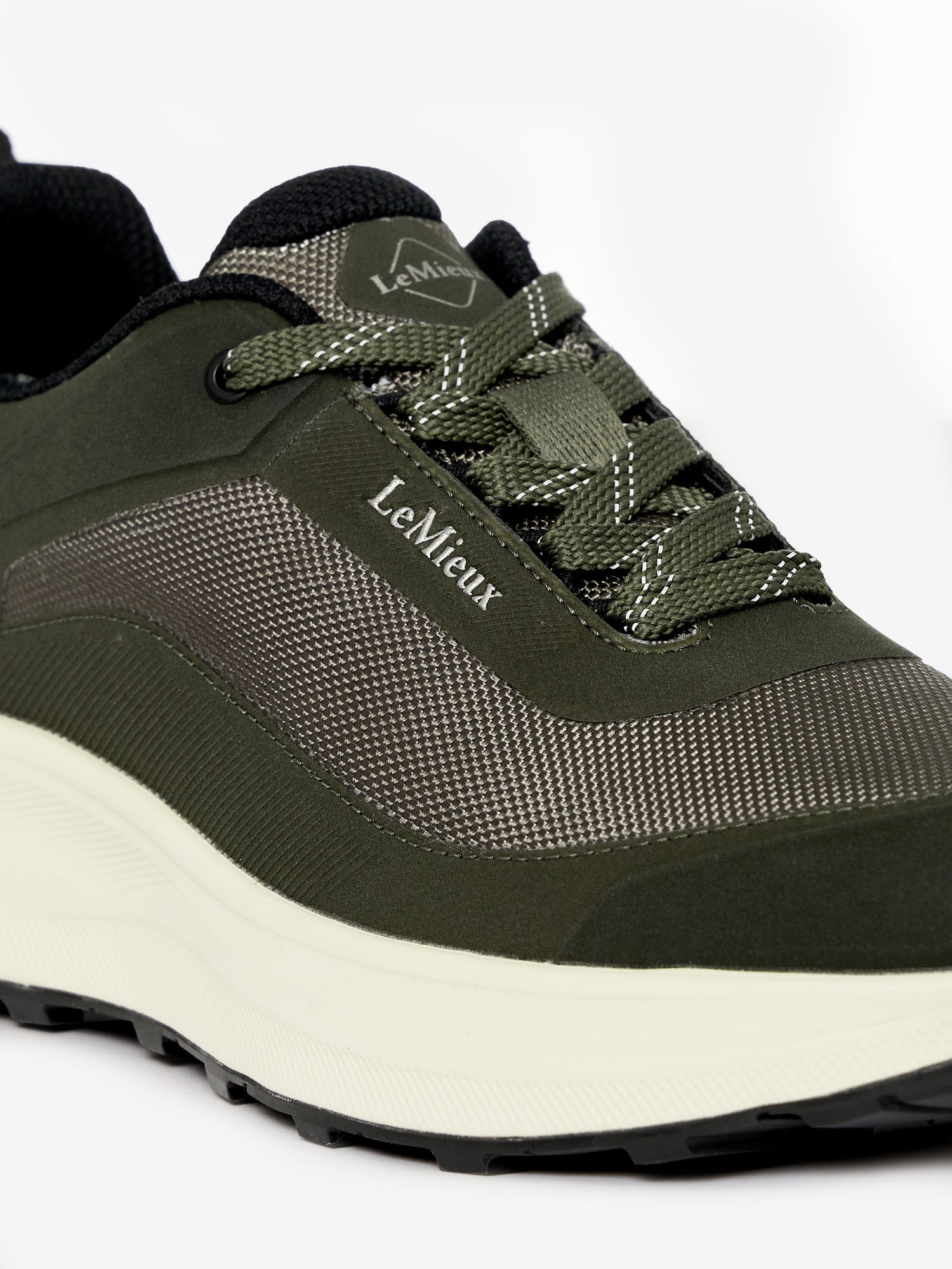 LeMieux olive green waterproof trainers with Michelin outsole and distinctive mesh panel