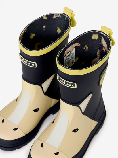 LeMieux kids navy wellies with yellow horse face design and lemon print lining