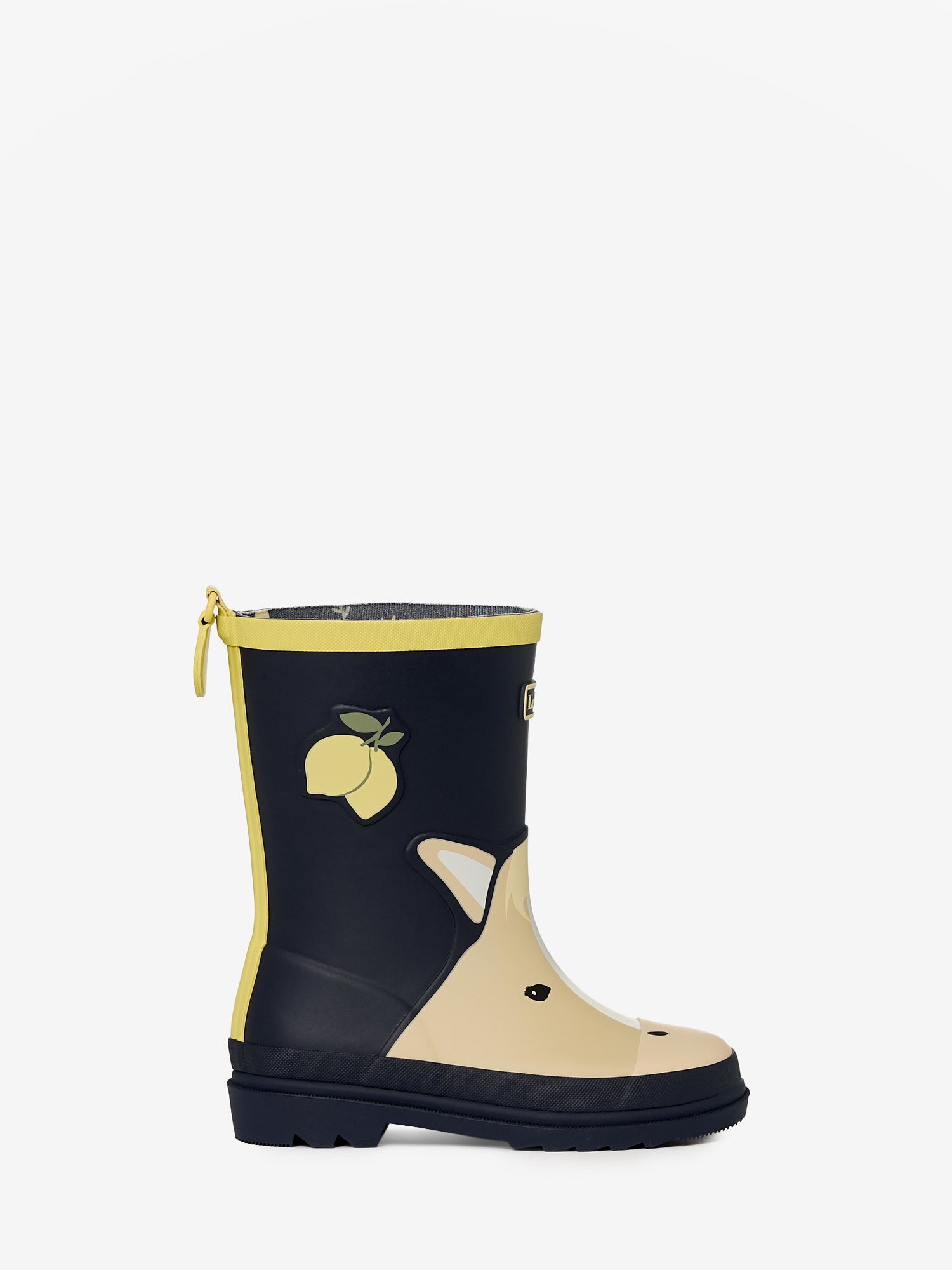 LeMieux Lemon Pony kids wellington boots, navy blue and yellow with lemon applique.
