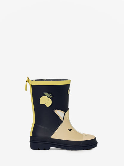 LeMieux Lemon Pony kids wellington boots, navy blue and yellow with lemon applique.