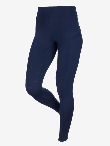 LeMieux navy tall riding breeches with full silicone seat and phone pockets.