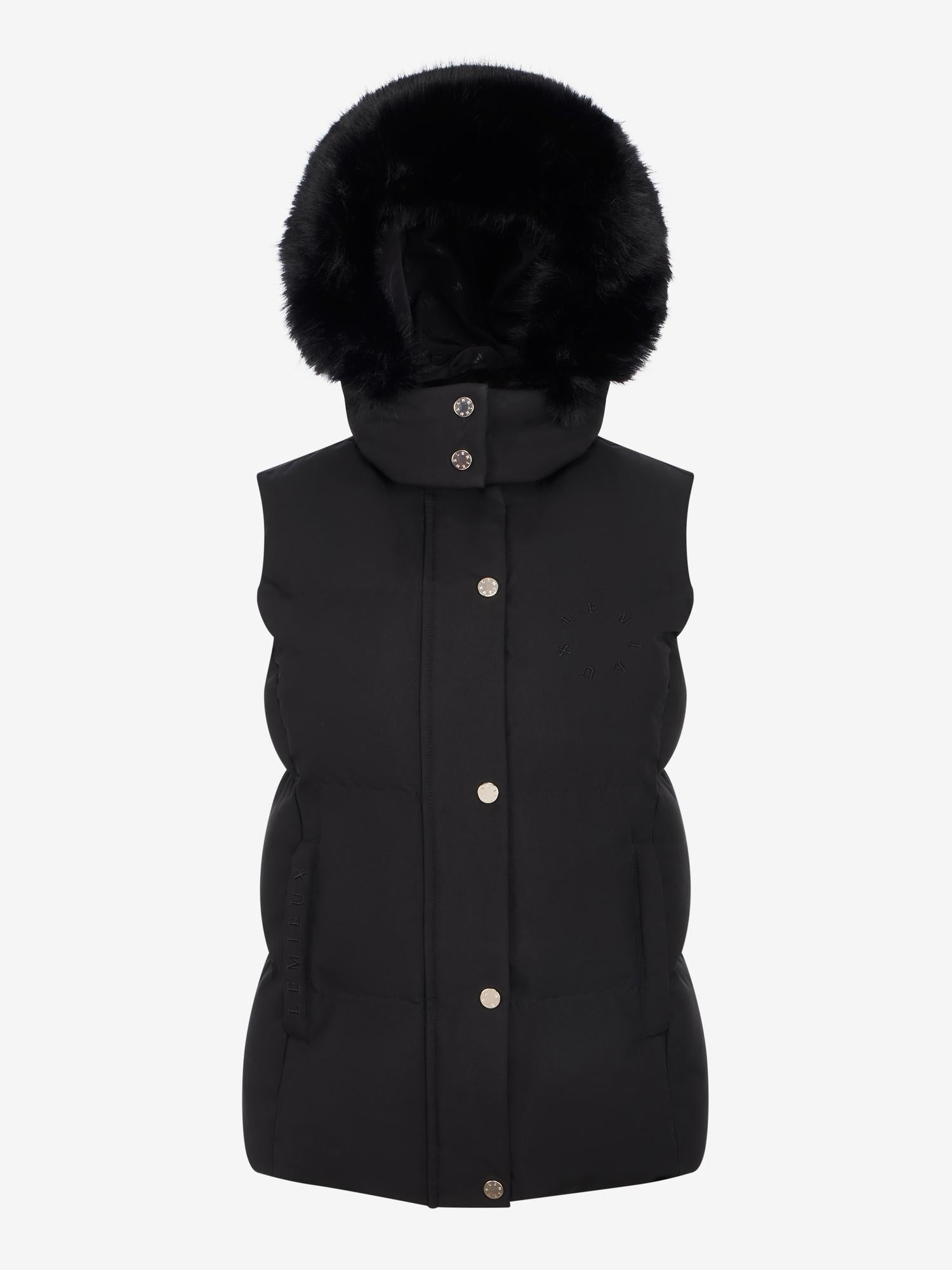 Black LeMieux Margot hooded puffer gilet with faux fur hood and gold poppers.