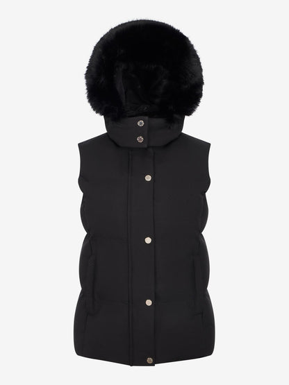 Black LeMieux Margot hooded puffer gilet with faux fur hood and gold poppers.