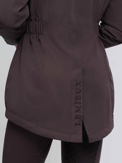 LeMieux cocoa brown waterproof riding coat back with embroidered logo and hem vent