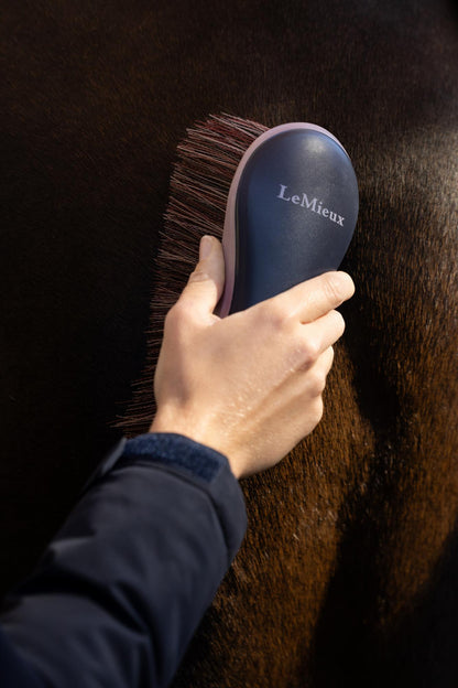 LeMieux Flicky Brush navy: Hand cleaning horse coat, close-up of grooming brush