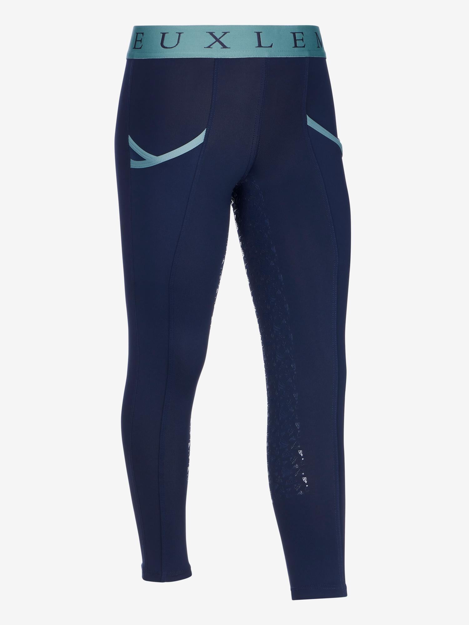 LeMieux Mini Pull On Breeches Navy/Aloe - Moisture-wicking, 4-way stretch riding pants with silicone grip seat.