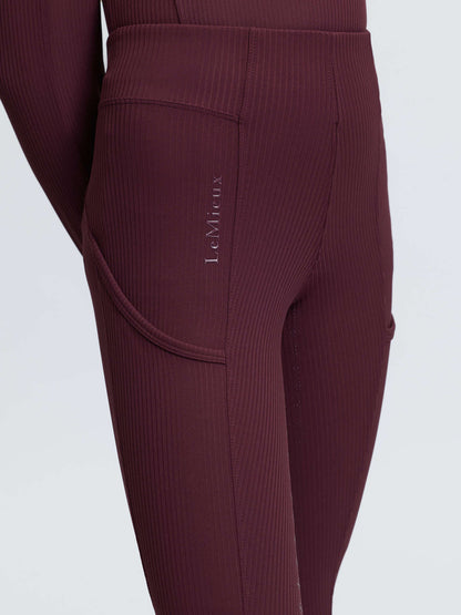 LeMieux Young Rider Orla Ribbed Pull On riding leggings in Bramble burgundy with phone pocket.