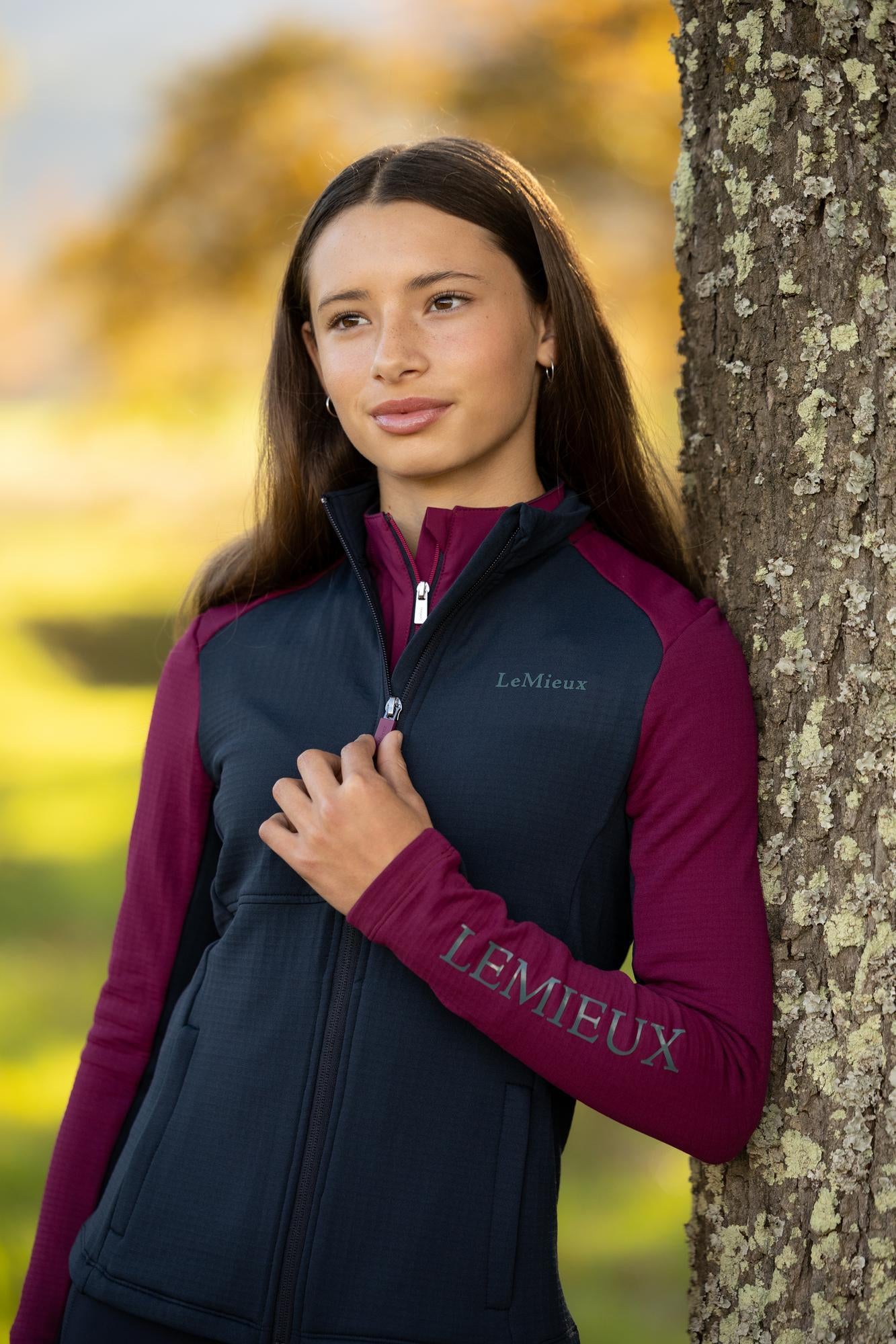 LeMieux Young Rider Bethany Zip Through Mid Layer, Blackberry, technical fleece equestrian wear.