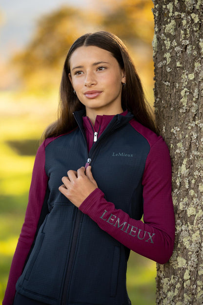 LeMieux Young Rider Bethany Zip Through Mid Layer, Blackberry, technical fleece equestrian wear.