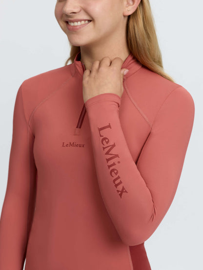 LeMieux Young Rider Classique Base Layer in Spiced Earth. Long sleeve quarter zip top for equestrian activities.